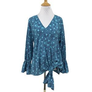 Juicy Couture Blouse Womens XS Extra Small Blue Gathered Bell Sleeve V Neck Top